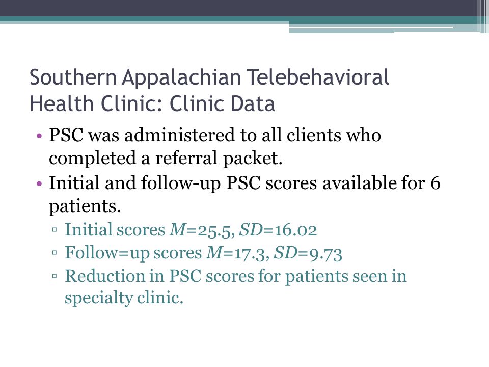 Southern Appalachian Telebehavioral Health Clinic: Clinic Data PSC was administered to all clients who completed a referral packet.