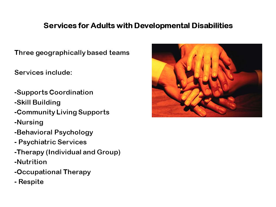 Services for Adults with Developmental Disabilities Three geographically based teams Services include: -Supports Coordination -Skill Building -Community Living Supports -Nursing -Behavioral Psychology - Psychiatric Services -Therapy (Individual and Group) -Nutrition -Occupational Therapy - Respite