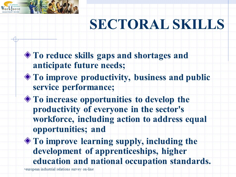SECTORAL SKILLS To reduce skills gaps and shortages and anticipate future needs; To improve productivity, business and public service performance; To increase opportunities to develop the productivity of everyone in the sector s workforce, including action to address equal opportunities; and To improve learning supply, including the development of apprenticeships, higher education and national occupation standards.