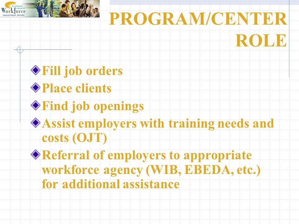 PROGRAM/CENTER ROLE Fill job orders Place clients Find job openings Assist employers with training needs and costs (OJT) Referral of employers to appropriate workforce agency (WIB, EBEDA, etc.) for additional assistance