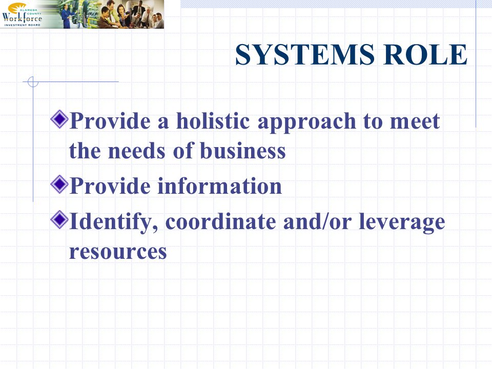 SYSTEMS ROLE Provide a holistic approach to meet the needs of business Provide information Identify, coordinate and/or leverage resources