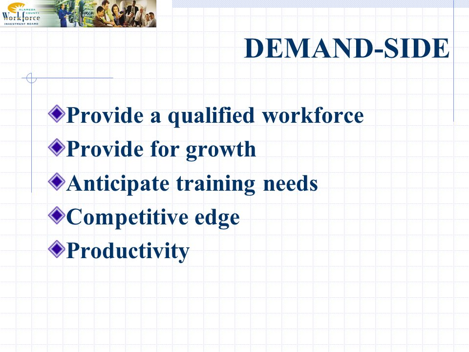 DEMAND-SIDE Provide a qualified workforce Provide for growth Anticipate training needs Competitive edge Productivity