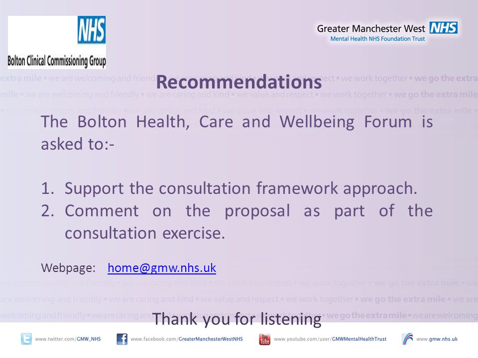 Recommendations The Bolton Health, Care and Wellbeing Forum is asked to:- 1.Support the consultation framework approach.