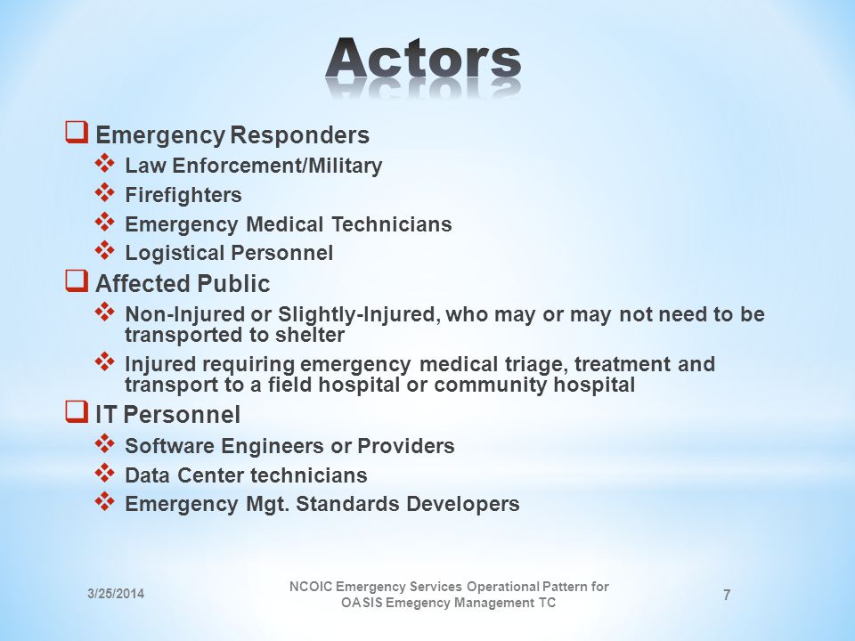 Emergency Responders Law Enforcement/Military Firefighters Emergency Medical Technicians Logistical Personnel Affected Public Non-Injured or Slightly-Injured, who may or may not need to be transported to shelter Injured requiring emergency medical triage, treatment and transport to a field hospital or community hospital IT Personnel Software Engineers or Providers Data Center technicians Emergency Mgt.