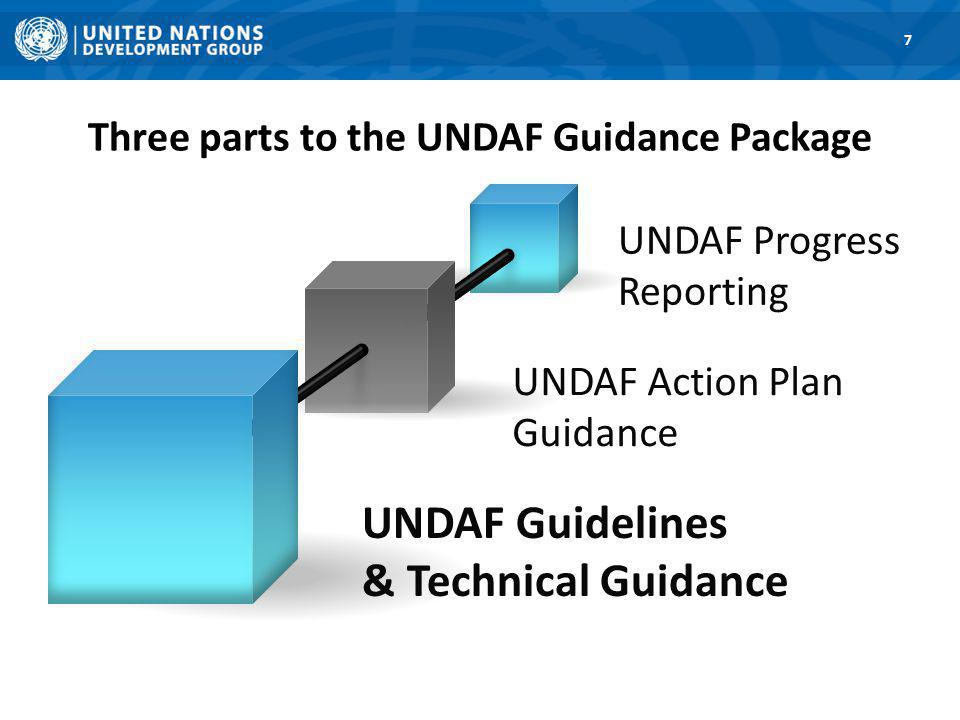 Three parts to the UNDAF Guidance Package 7 UNDAF Progress Reporting UNDAF Action Plan Guidance UNDAF Guidelines & Technical Guidance