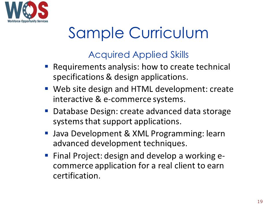 Sample Curriculum Acquired Applied Skills Requirements analysis: how to create technical specifications & design applications.