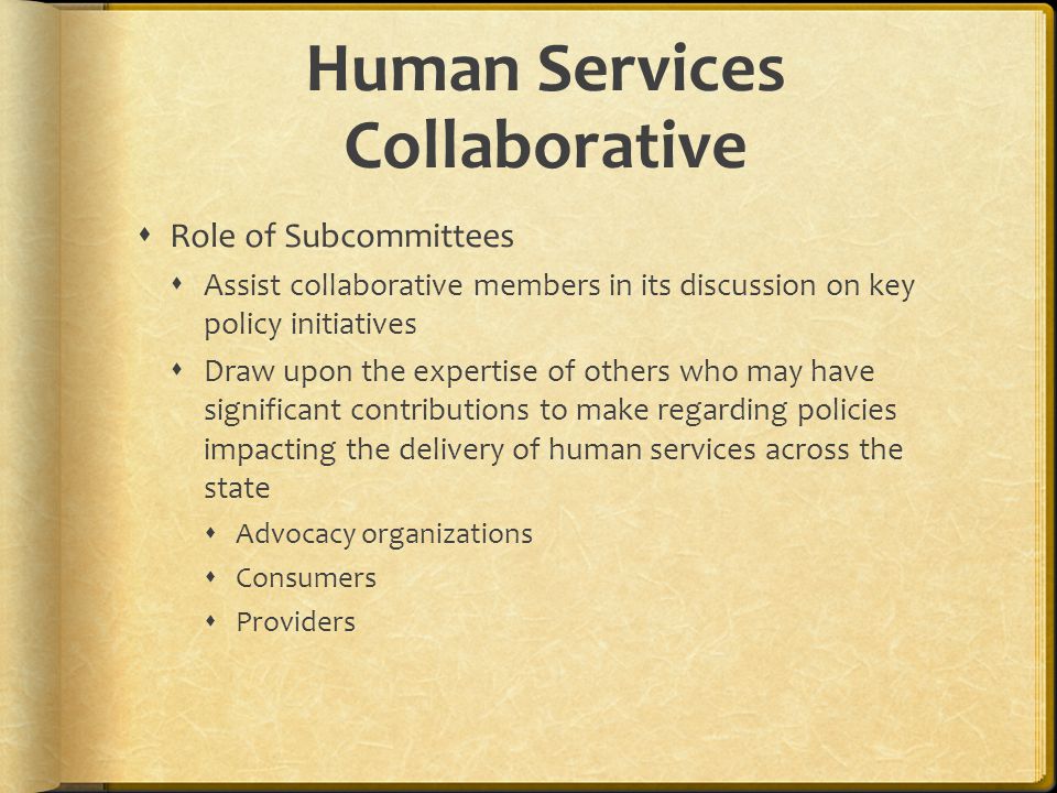 Human Services Collaborative Role of Subcommittees Assist collaborative members in its discussion on key policy initiatives Draw upon the expertise of others who may have significant contributions to make regarding policies impacting the delivery of human services across the state Advocacy organizations Consumers Providers