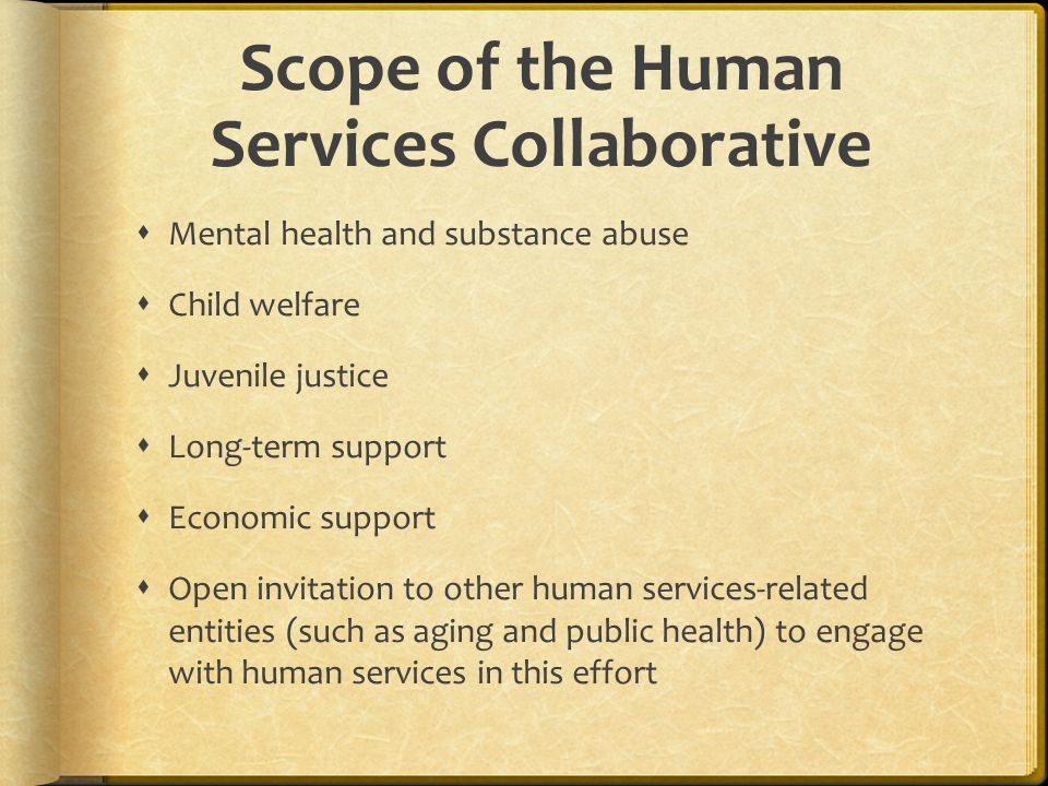 Scope of the Human Services Collaborative Mental health and substance abuse Child welfare Juvenile justice Long-term support Economic support Open invitation to other human services-related entities (such as aging and public health) to engage with human services in this effort