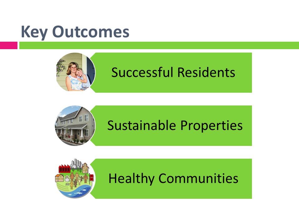 Key Outcomes Successful Residents Sustainable Properties Healthy Communities