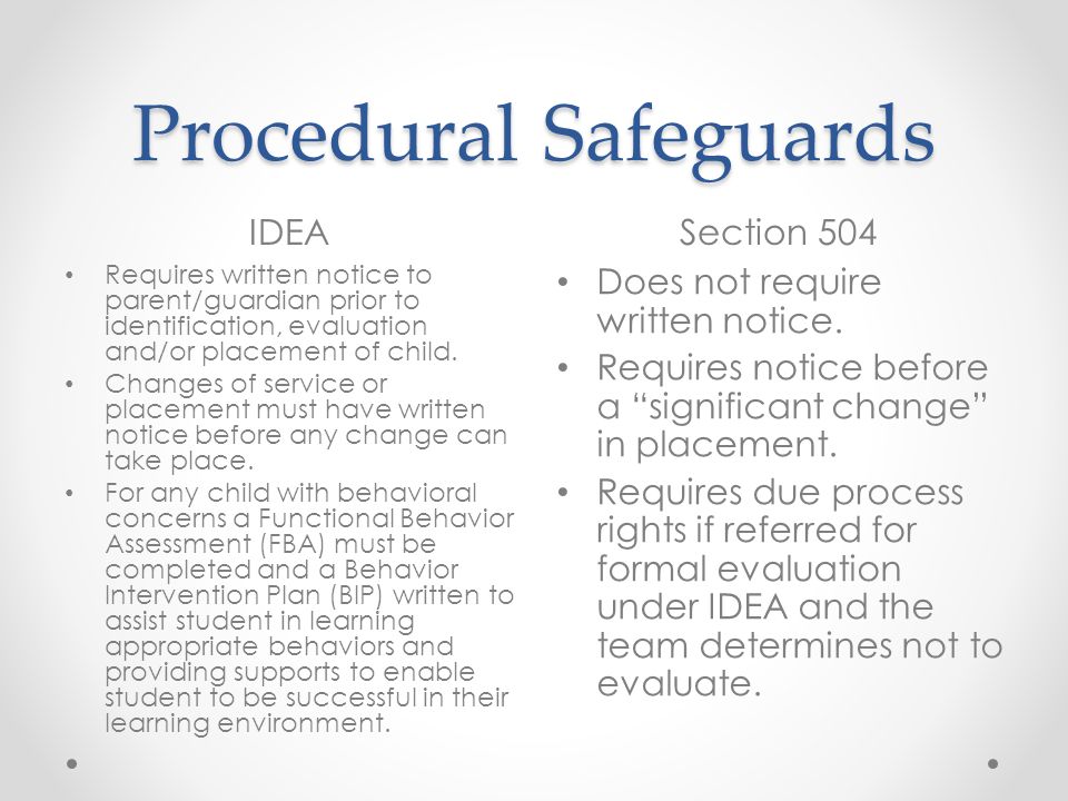 Procedural Safeguards IDEASection 504 Requires written notice to parent/guardian prior to identification, evaluation and/or placement of child.