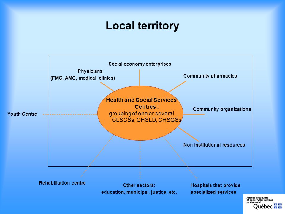 Local territory Health and Social Services Centres : grouping of one or several CLSCSs, CHSLD, CHSGSs Community pharmacies Community organizations Non institutional resources Social economy enterprises Physicians (FMG, AMC, medical clinics) Youth Centre Rehabilitation centre Other sectors: education, municipal, justice, etc.