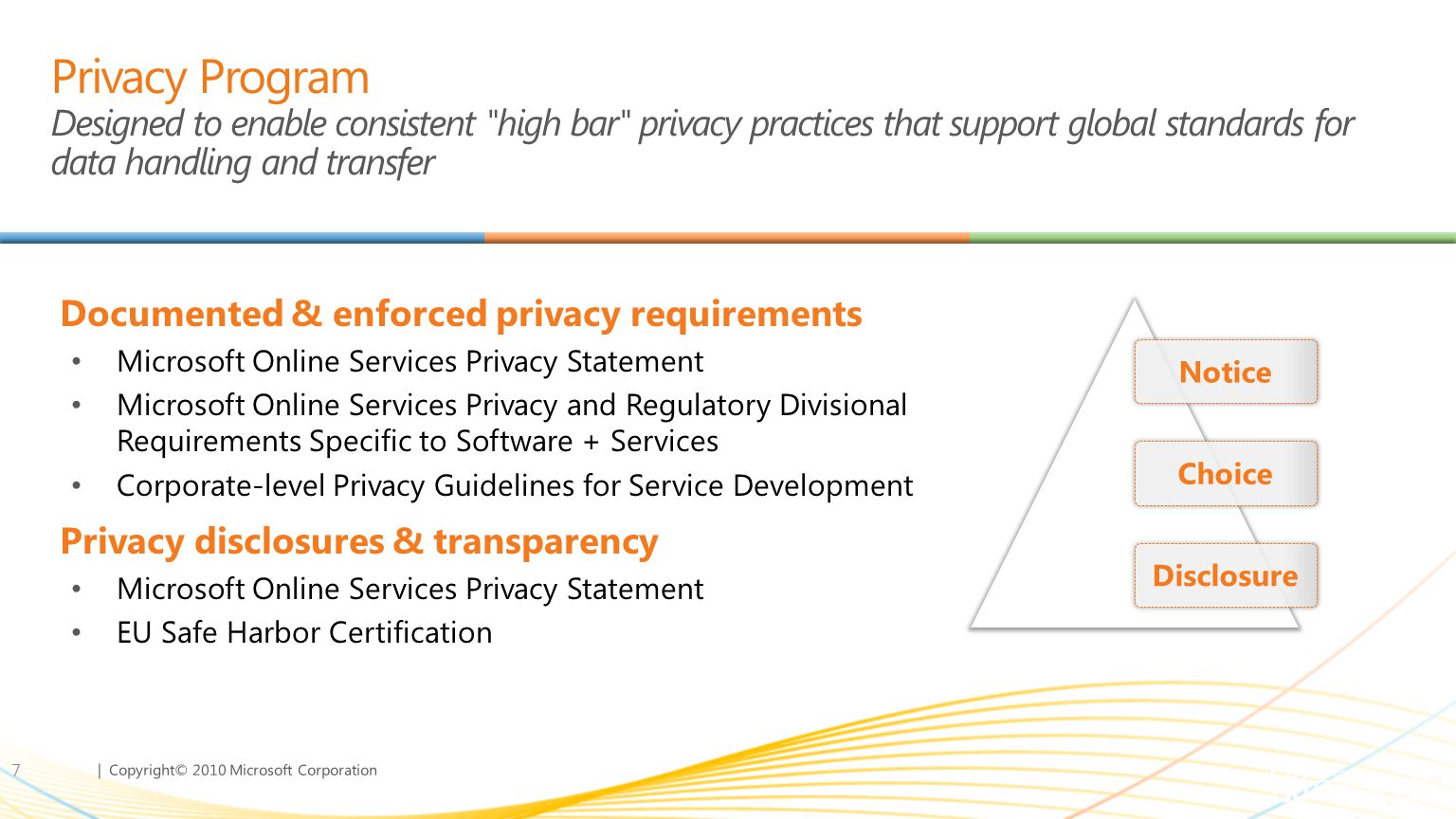 | Copyright© 2010 Microsoft Corporation Privacy Program Designed to enable consistent high bar privacy practices that support global standards for data handling and transfer 7