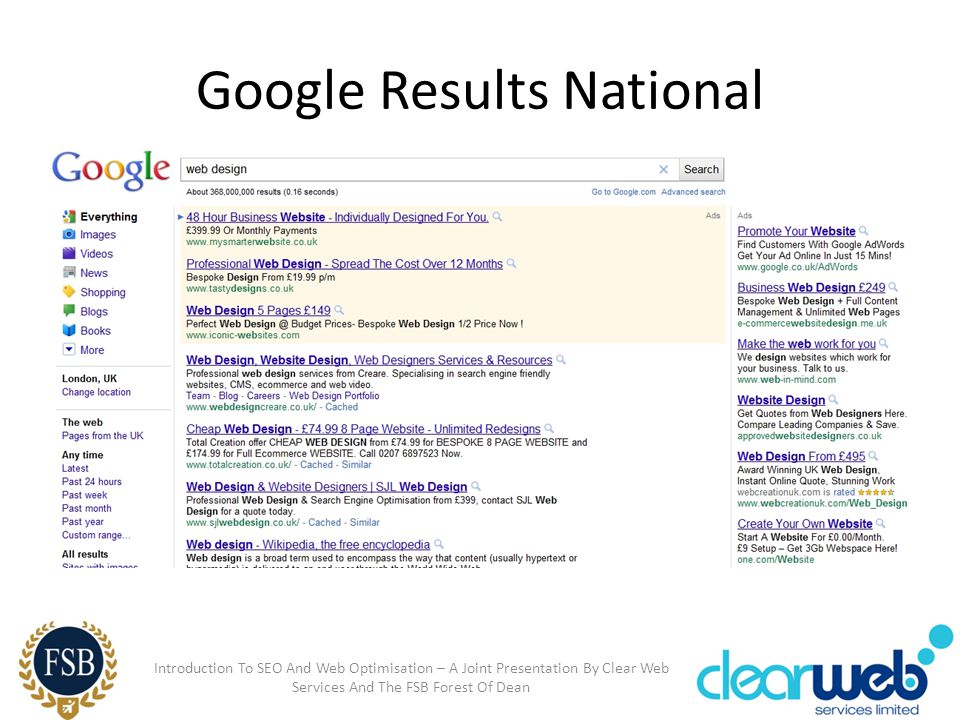 Google Results National Introduction To SEO And Web Optimisation – A Joint Presentation By Clear Web Services And The FSB Forest Of Dean