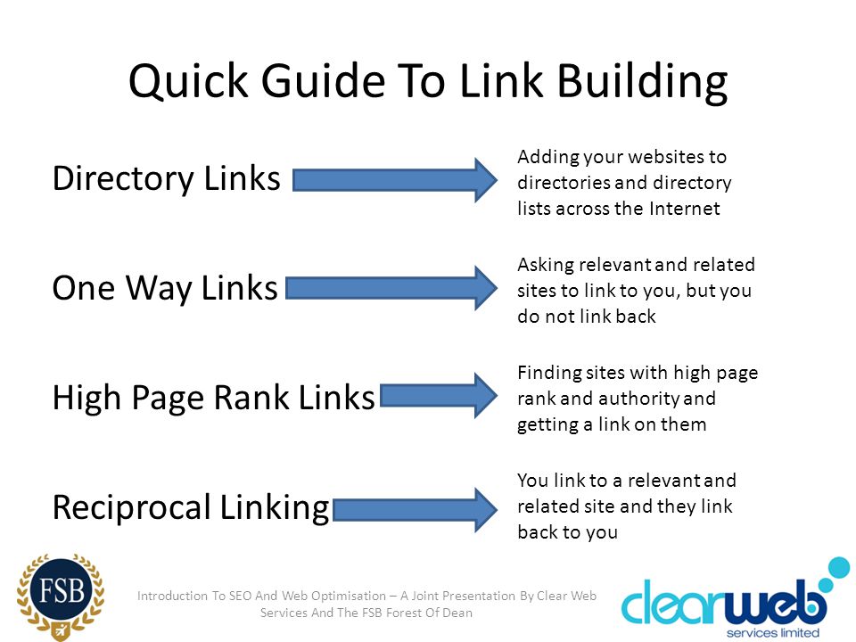 Quick Guide To Link Building Directory Links One Way Links High Page Rank Links Reciprocal Linking Adding your websites to directories and directory lists across the Internet Asking relevant and related sites to link to you, but you do not link back You link to a relevant and related site and they link back to you Finding sites with high page rank and authority and getting a link on them Introduction To SEO And Web Optimisation – A Joint Presentation By Clear Web Services And The FSB Forest Of Dean