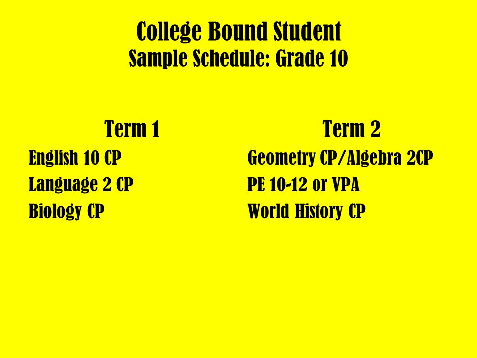 College Bound Student Sample Schedule: Grade 9 Term 1 English 9 CP Earth Science CP Health/Career Prep/Geography Term 2 Algebra 1CP/Geometry CP Foreign Language 1 CP PE 9