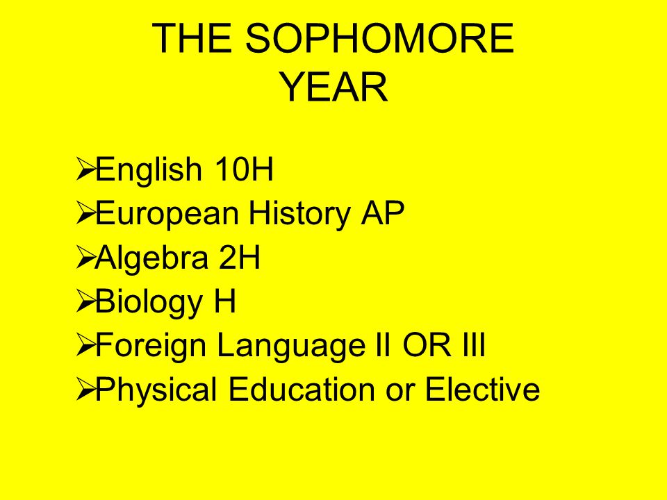 TYPICAL FRESHMAN HONORS PROGRAM English 9H Geometry H Chemistry H Foreign Language Level I or Level II Health and Career Choices/Geography Physical Education