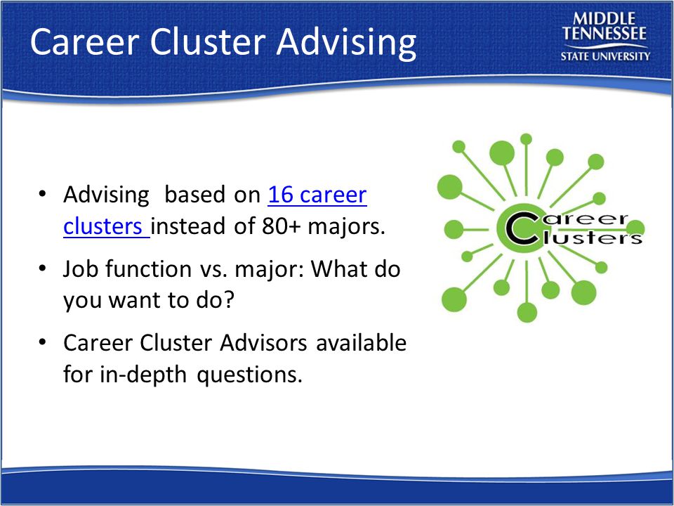 Career Cluster Advising Advising based on 16 career clusters instead of 80+ majors.16 career clusters Job function vs.