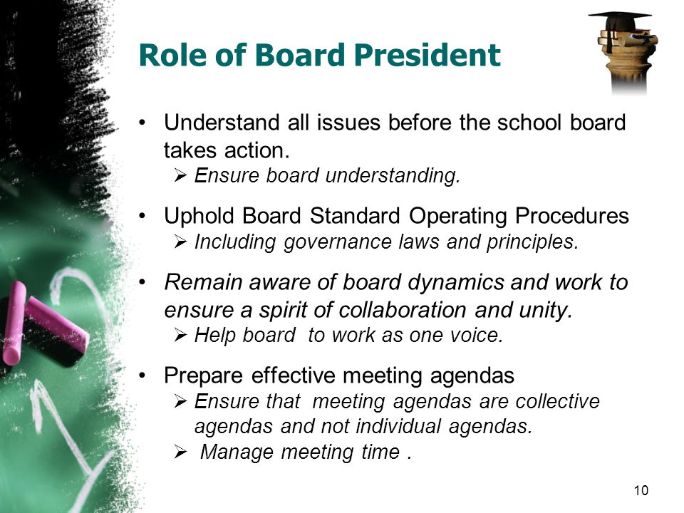 Role of Board President Understand all issues before the school board takes action.
