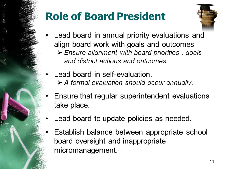 Role of Board President Lead board in annual priority evaluations and align board work with goals and outcomes Ensure alignment with board priorities, goals and district actions and outcomes.