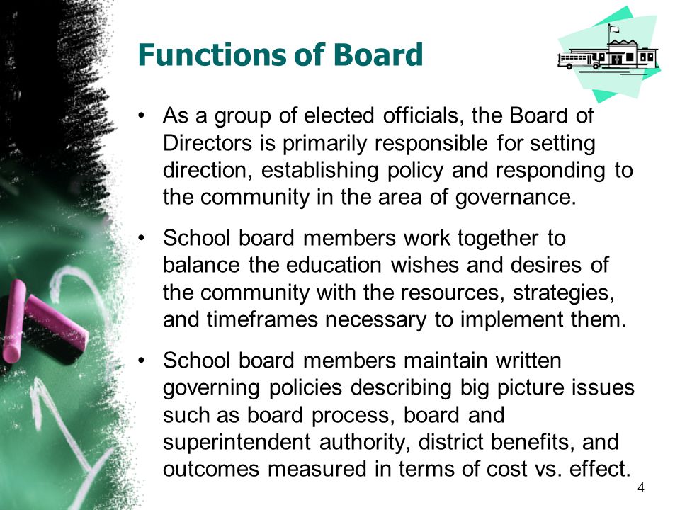 Functions of Board As a group of elected officials, the Board of Directors is primarily responsible for setting direction, establishing policy and responding to the community in the area of governance.