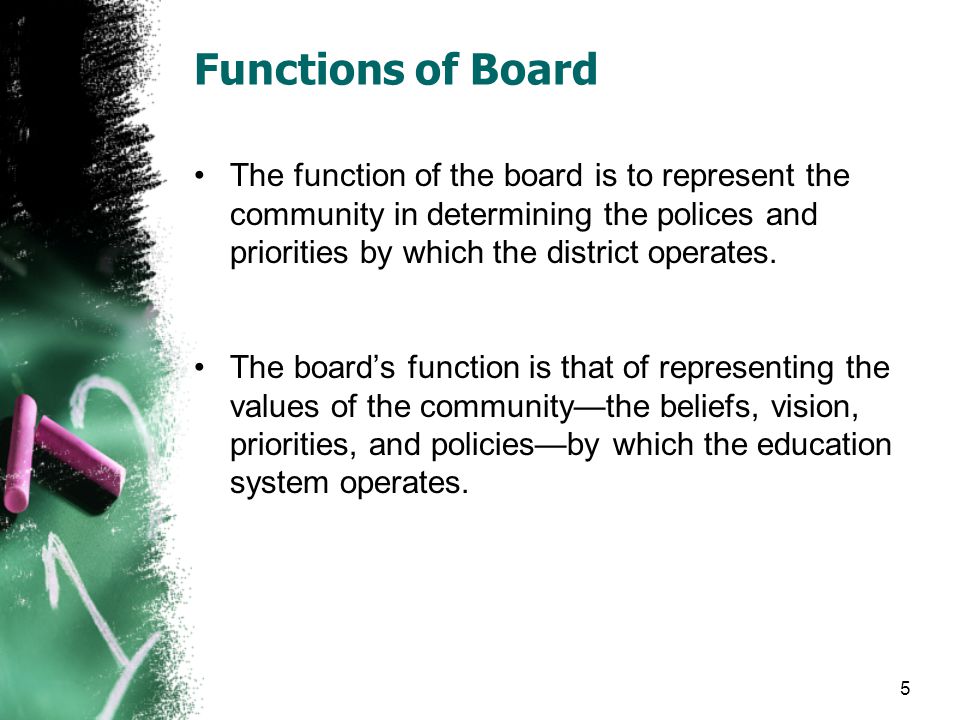 Functions of Board The function of the board is to represent the community in determining the polices and priorities by which the district operates.