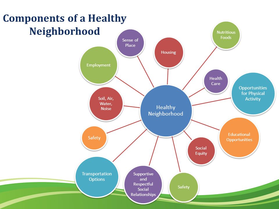 Components of a Healthy Neighborhood Healthy Neighborhood Housing Nutritious Foods Health Care Opportunities for Physical Activity Educational Opportunities Social Equity Safety Supportive and Respectful Social Relationships Transportation Options Safety Soil, Air, Water, Noise Employment Sense of Place