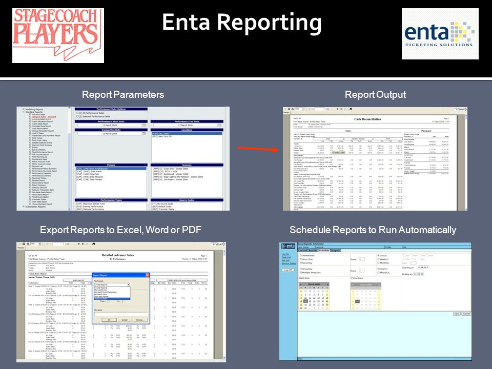 Enta Reporting Report ParametersReport Output Export Reports to Excel, Word or PDFSchedule Reports to Run Automatically
