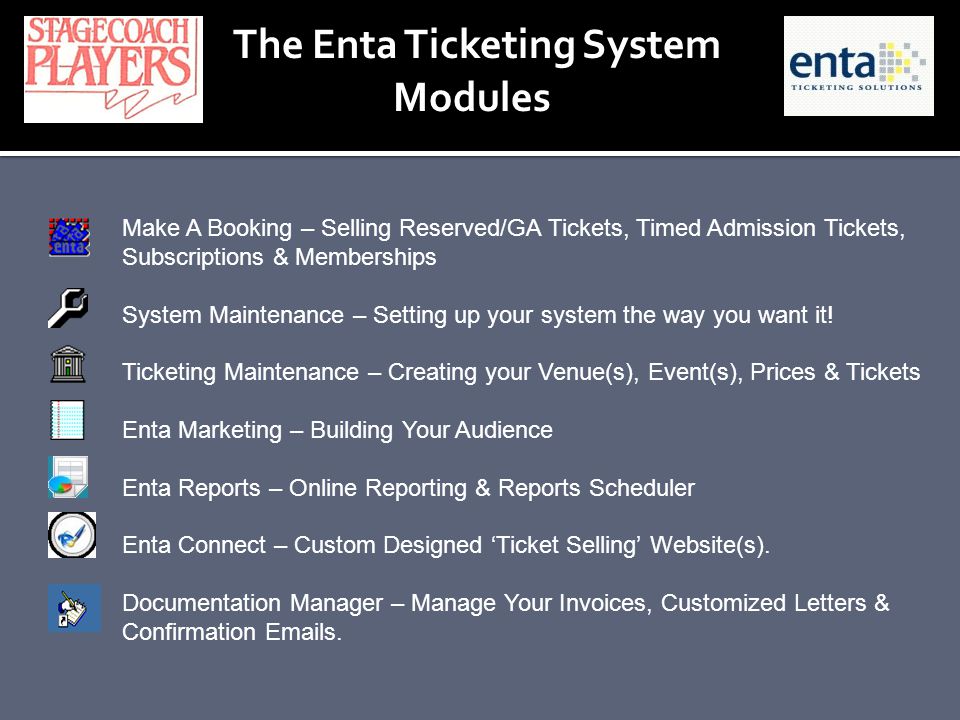 The Enta Ticketing System Modules Make A Booking – Selling Reserved/GA Tickets, Timed Admission Tickets, Subscriptions & Memberships System Maintenance – Setting up your system the way you want it.