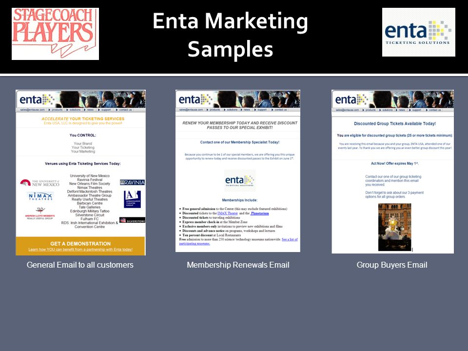 Enta Marketing Samples General  to all customersMembership Renewals  Group Buyers