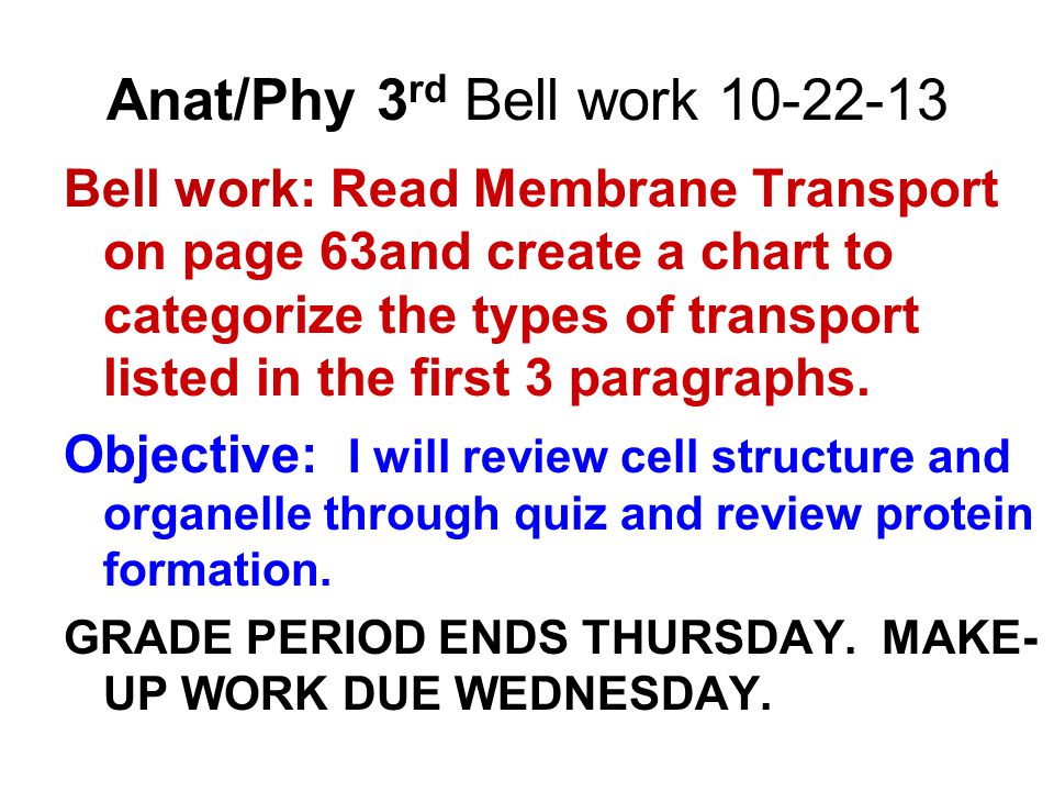 Anat/Phy 3 rd Bell work Bell work: Read Membrane Transport on page 63and create a chart to categorize the types of transport listed in the first 3 paragraphs.