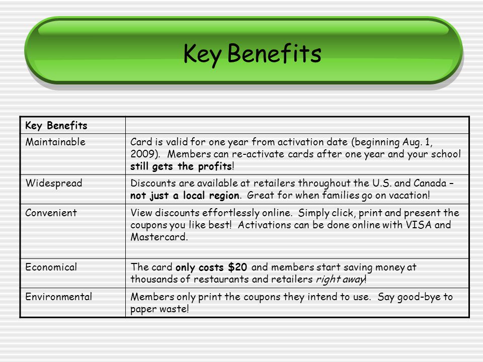Key Benefits MaintainableCard is valid for one year from activation date (beginning Aug.