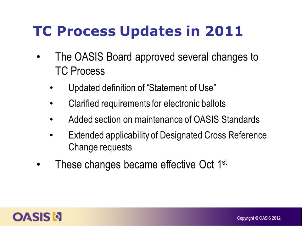 TC Process Updates in 2011 The OASIS Board approved several changes to TC Process Updated definition of Statement of Use Clarified requirements for electronic ballots Added section on maintenance of OASIS Standards Extended applicability of Designated Cross Reference Change requests These changes became effective Oct 1 st Copyright © OASIS 2012
