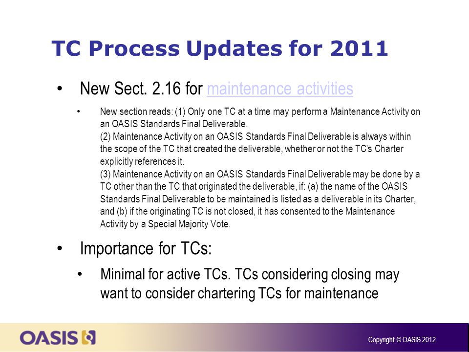 TC Process Updates for 2011 New Sect.