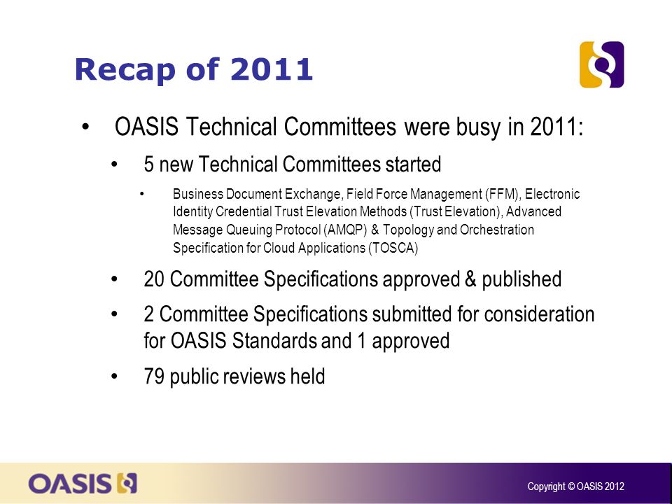 Recap of 2011 OASIS Technical Committees were busy in 2011: 5 new Technical Committees started Business Document Exchange, Field Force Management (FFM), Electronic Identity Credential Trust Elevation Methods (Trust Elevation), Advanced Message Queuing Protocol (AMQP) & Topology and Orchestration Specification for Cloud Applications (TOSCA) 20 Committee Specifications approved & published 2 Committee Specifications submitted for consideration for OASIS Standards and 1 approved 79 public reviews held Copyright © OASIS 2012