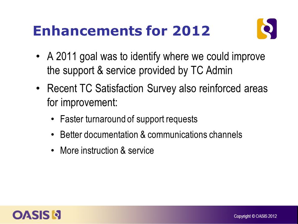 Enhancements for 2012 A 2011 goal was to identify where we could improve the support & service provided by TC Admin Recent TC Satisfaction Survey also reinforced areas for improvement: Faster turnaround of support requests Better documentation & communications channels More instruction & service Copyright © OASIS 2012