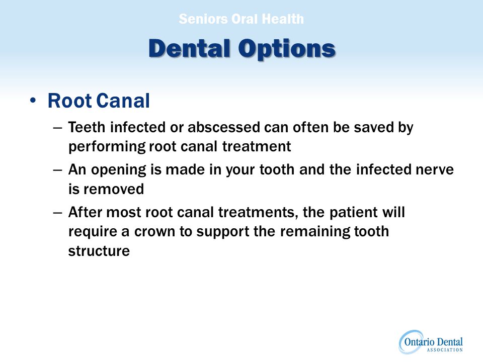 Seniors Oral Health Dental Options Root Canal – Teeth infected or abscessed can often be saved by performing root canal treatment – An opening is made in your tooth and the infected nerve is removed – After most root canal treatments, the patient will require a crown to support the remaining tooth structure
