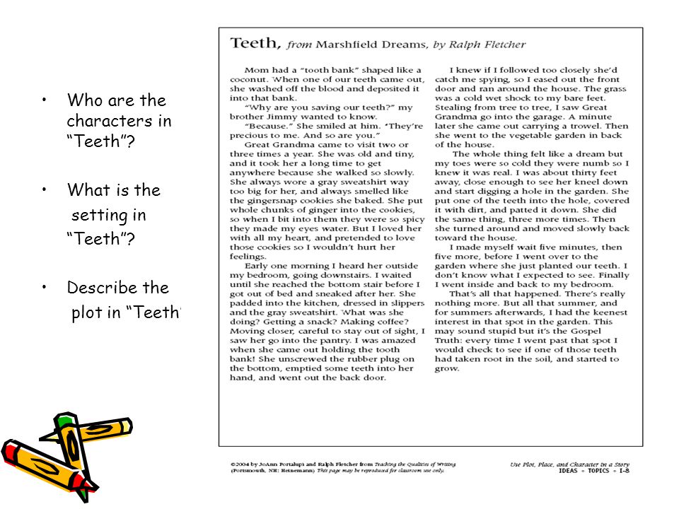 Who are the characters in Teeth What is the setting in Teeth Describe the plot in Teeth.
