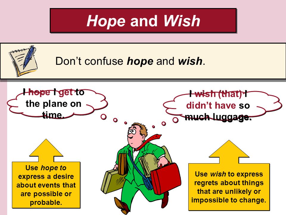 Hope and Wish Dont confuse hope and wish. I hope I get to the plane on time.
