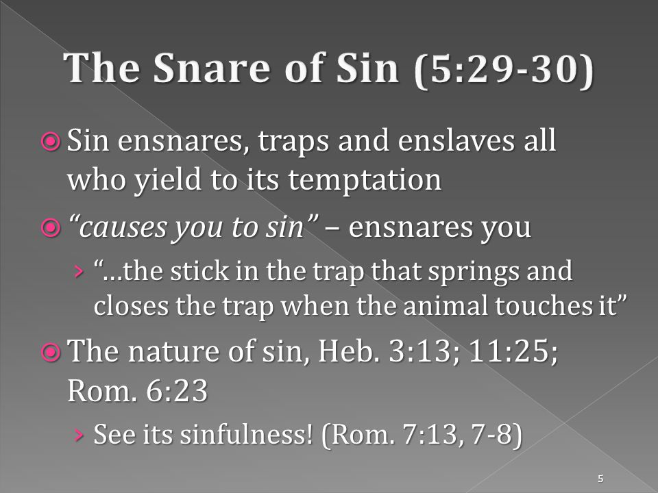 Sin ensnares, traps and enslaves all who yield to its temptation Sin ensnares, traps and enslaves all who yield to its temptation causes you to sin – ensnares you causes you to sin – ensnares you …the stick in the trap that springs and closes the trap when the animal touches it …the stick in the trap that springs and closes the trap when the animal touches it The nature of sin, Heb.