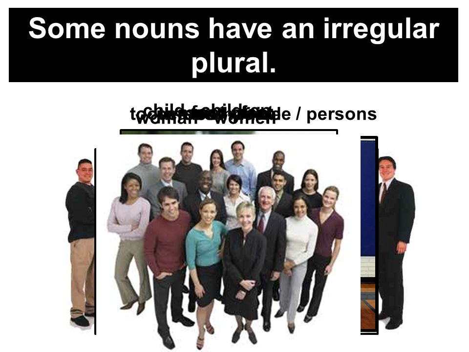 person people / persons woman women Some nouns have an irregular plural.