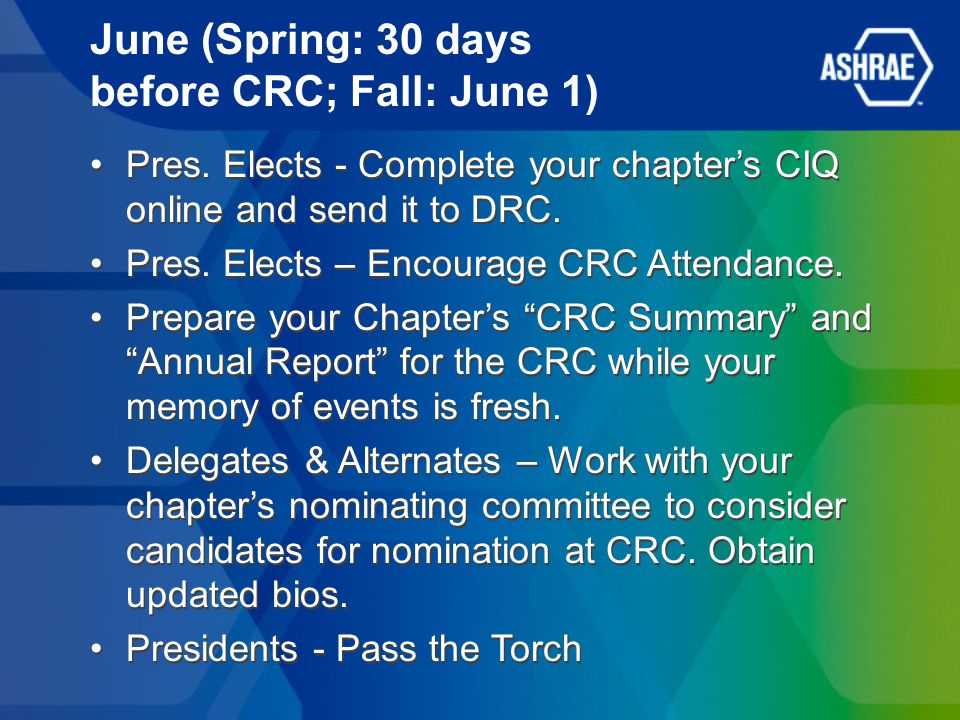 June (Spring: 30 days before CRC; Fall: June 1) Pres.