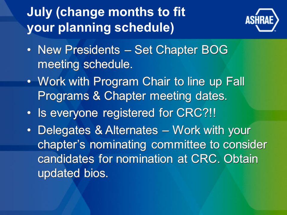 July (change months to fit your planning schedule) New Presidents – Set Chapter BOG meeting schedule.