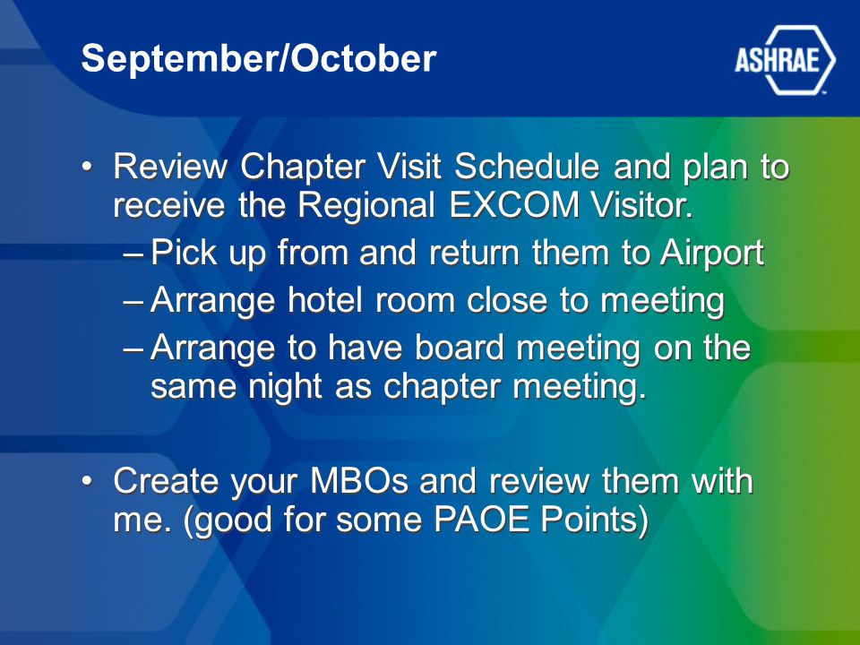 September/October Review Chapter Visit Schedule and plan to receive the Regional EXCOM Visitor.