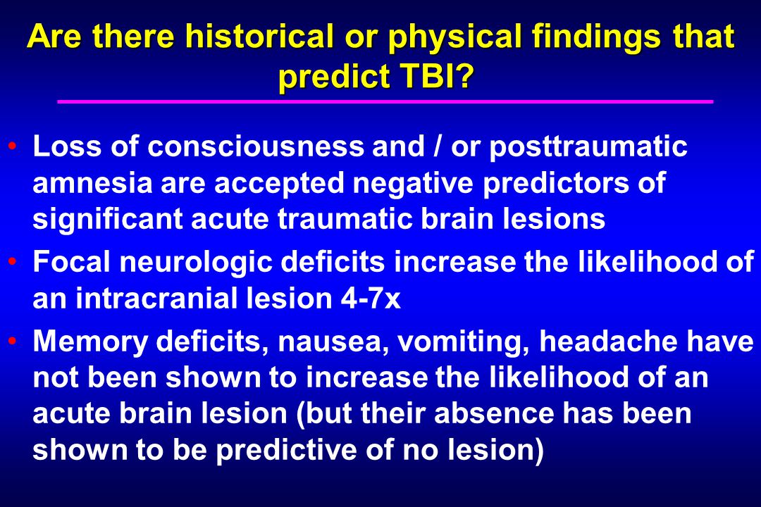 Are there historical or physical findings that predict TBI.