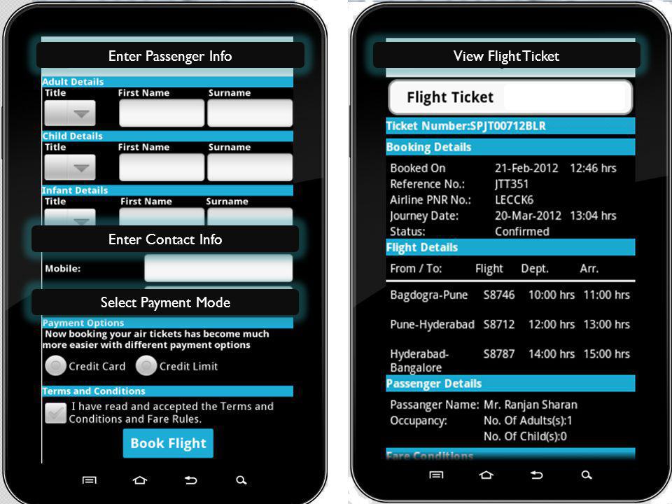 Enter Passenger InfoView Flight Ticket Enter Contact Info Select Payment Mode
