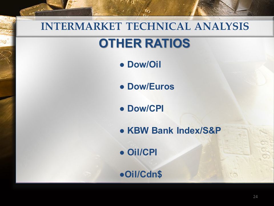 INTERMARKET TECHNICAL ANALYSIS 24 OTHER RATIOS Dow/Oil Dow/Euros Dow/CPI KBW Bank Index/S&P Oil/CPI Oil/Cdn$
