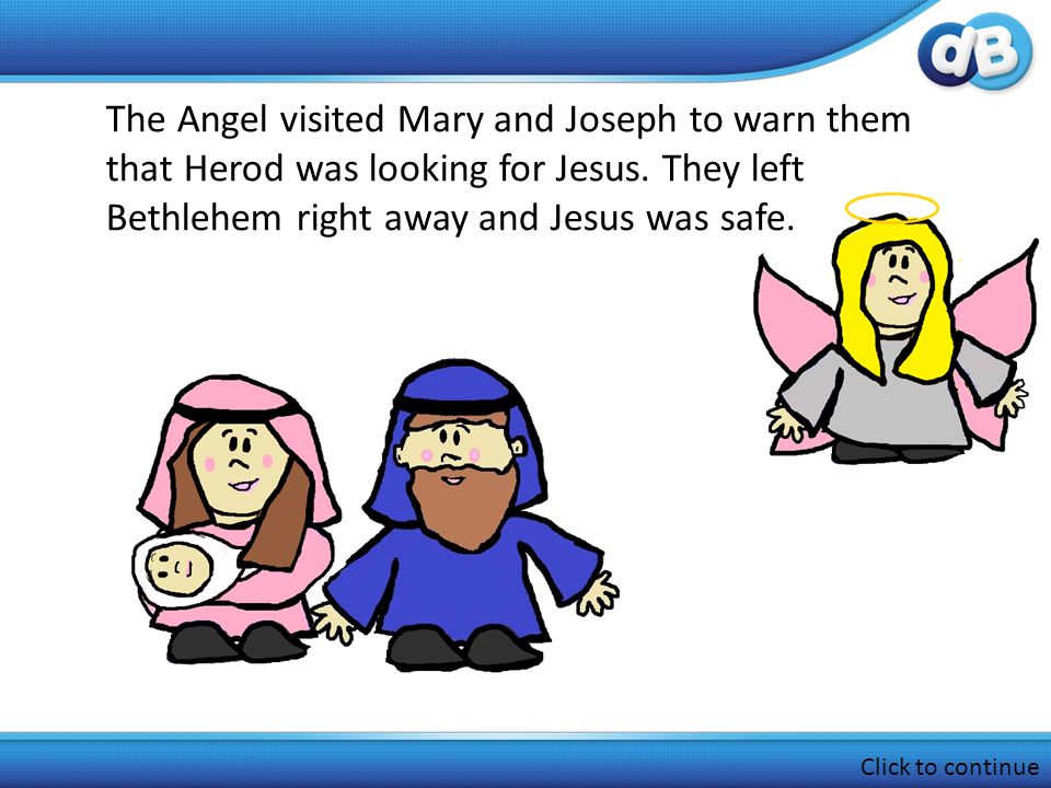 The Angel visited Mary and Joseph to warn them that Herod was looking for Jesus.