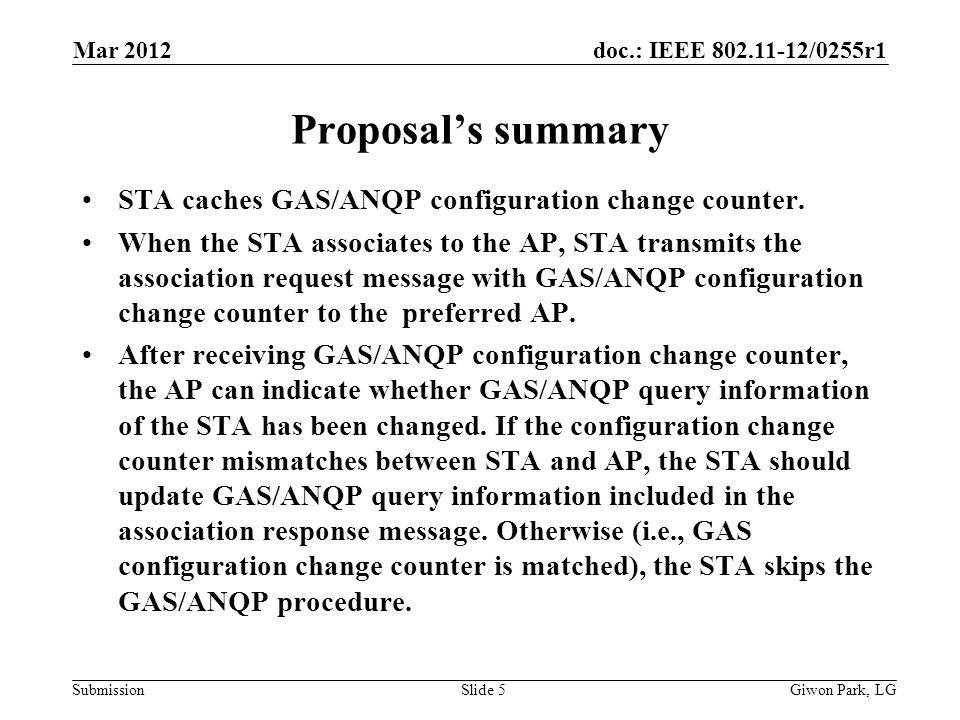 doc.: IEEE /0255r1 Submission Proposals summary STA caches GAS/ANQP configuration change counter.