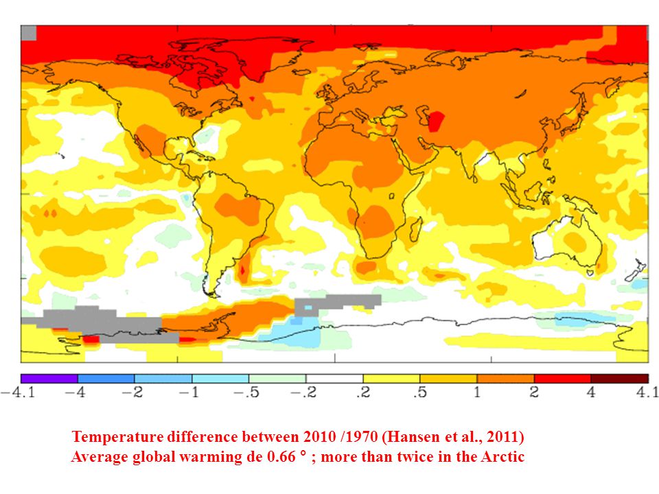 Temperature difference between 2010 /1970 (Hansen et al., 2011) Average global warming de 0.66 ° ; more than twice in the Arctic