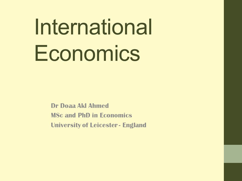 International Economics Dr Doaa Akl Ahmed MSc and PhD in Economics University of Leicester - England
